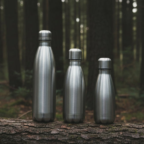 Three stainless steel water bottles of different sizes on a wooden surface with a neutral background.