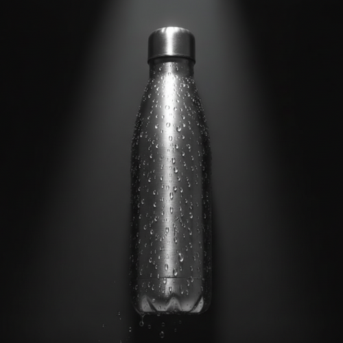 Metallic water bottle with water droplets on a dark background