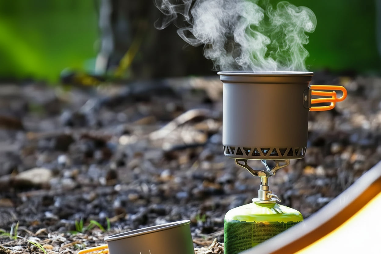 Camping stove with fuel canister on a natural background