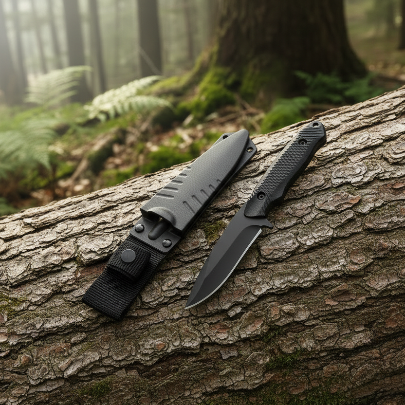 Black knife with sheath on a dark background, featuring text about modern craftsmanship.