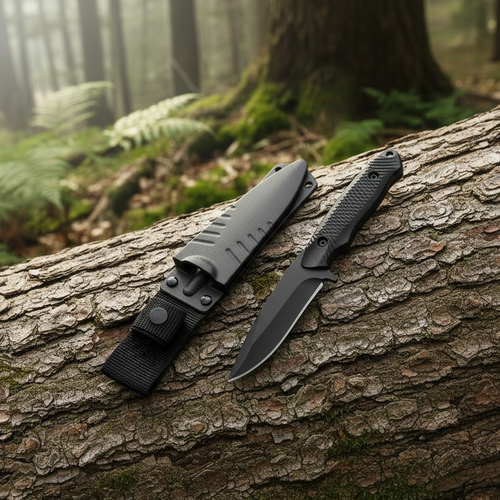 Black knife with sheath on a dark background, featuring text about modern craftsmanship.
