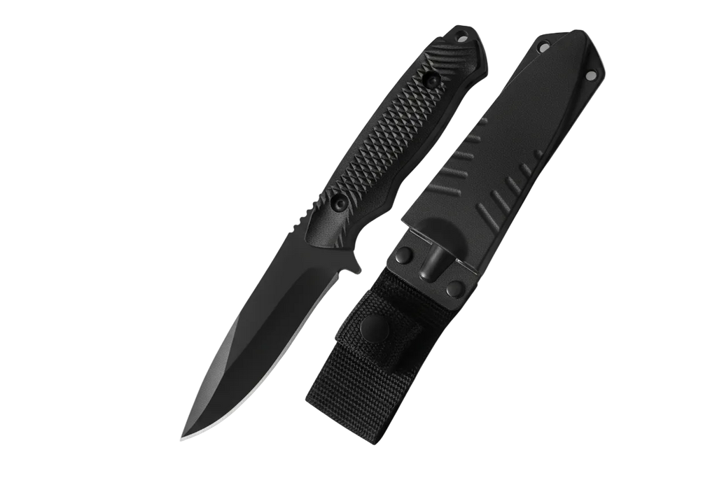 Black folding knife with sheath on a white background