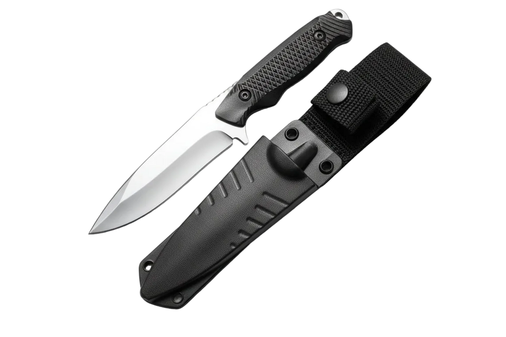 Knife with black sheath on a white background