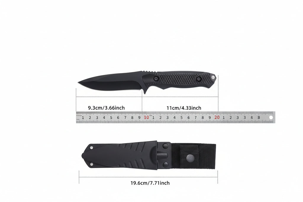 Black folding knife with measurements and product information on a white background