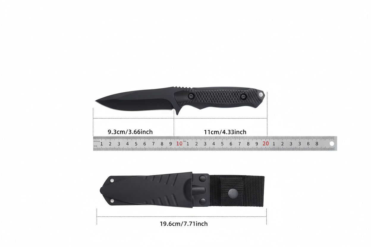 Black folding knife with measurements and product information on a white background