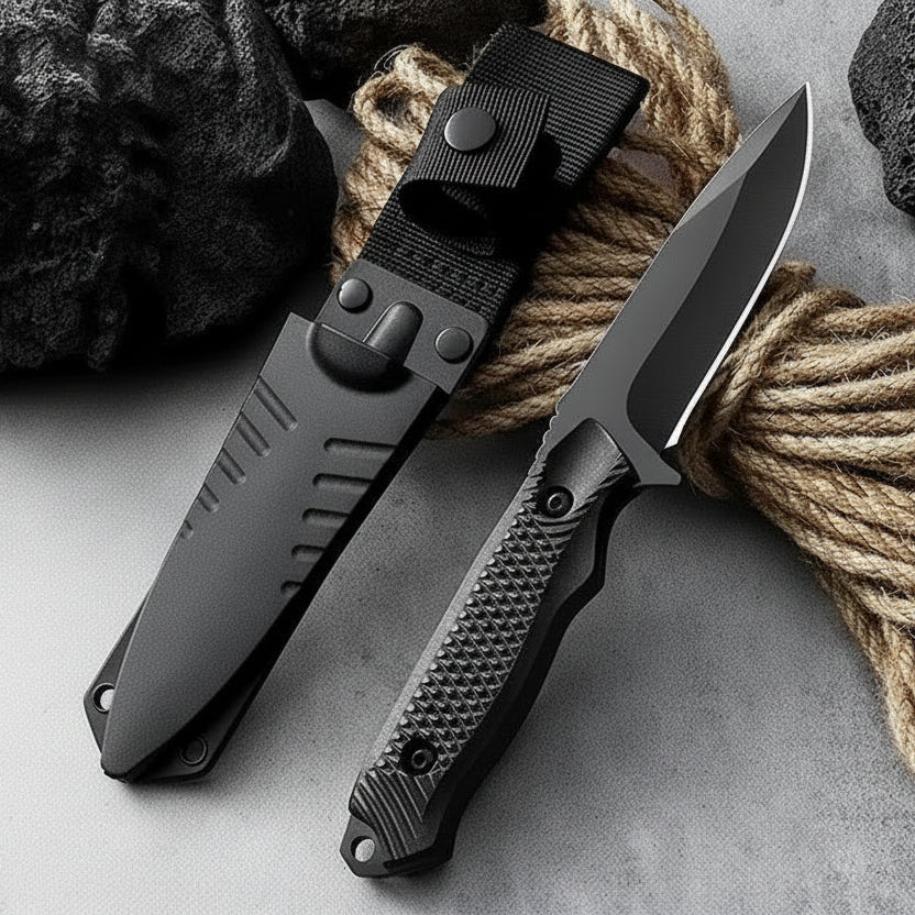 Black folding knife with textured handle on a gray surface with rope and rocks.